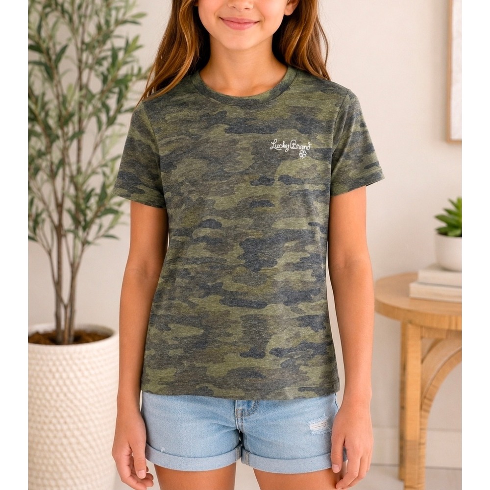 Lucky Brand Girls Youth Small Camo T-Shirt Green Camouflage Logo Tee